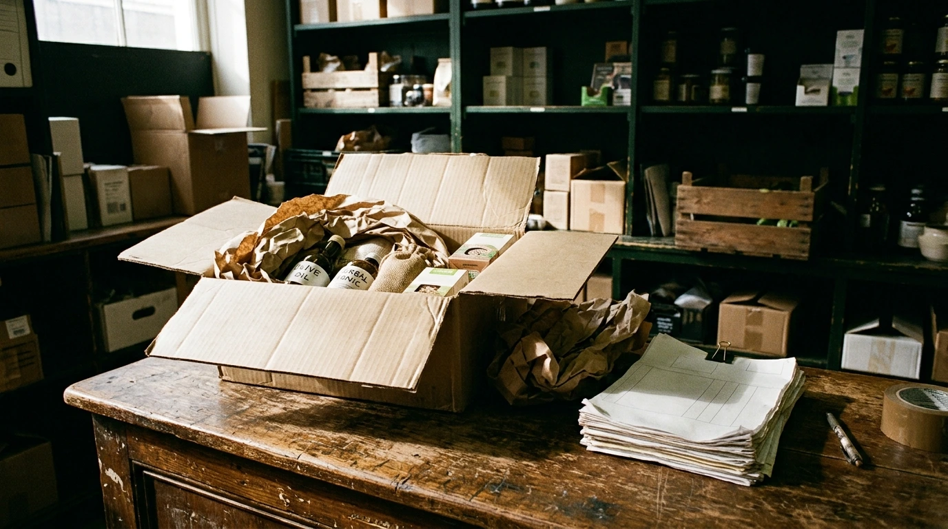 Carton de livraison ouvert sur un comptoir d’arrière-boutique