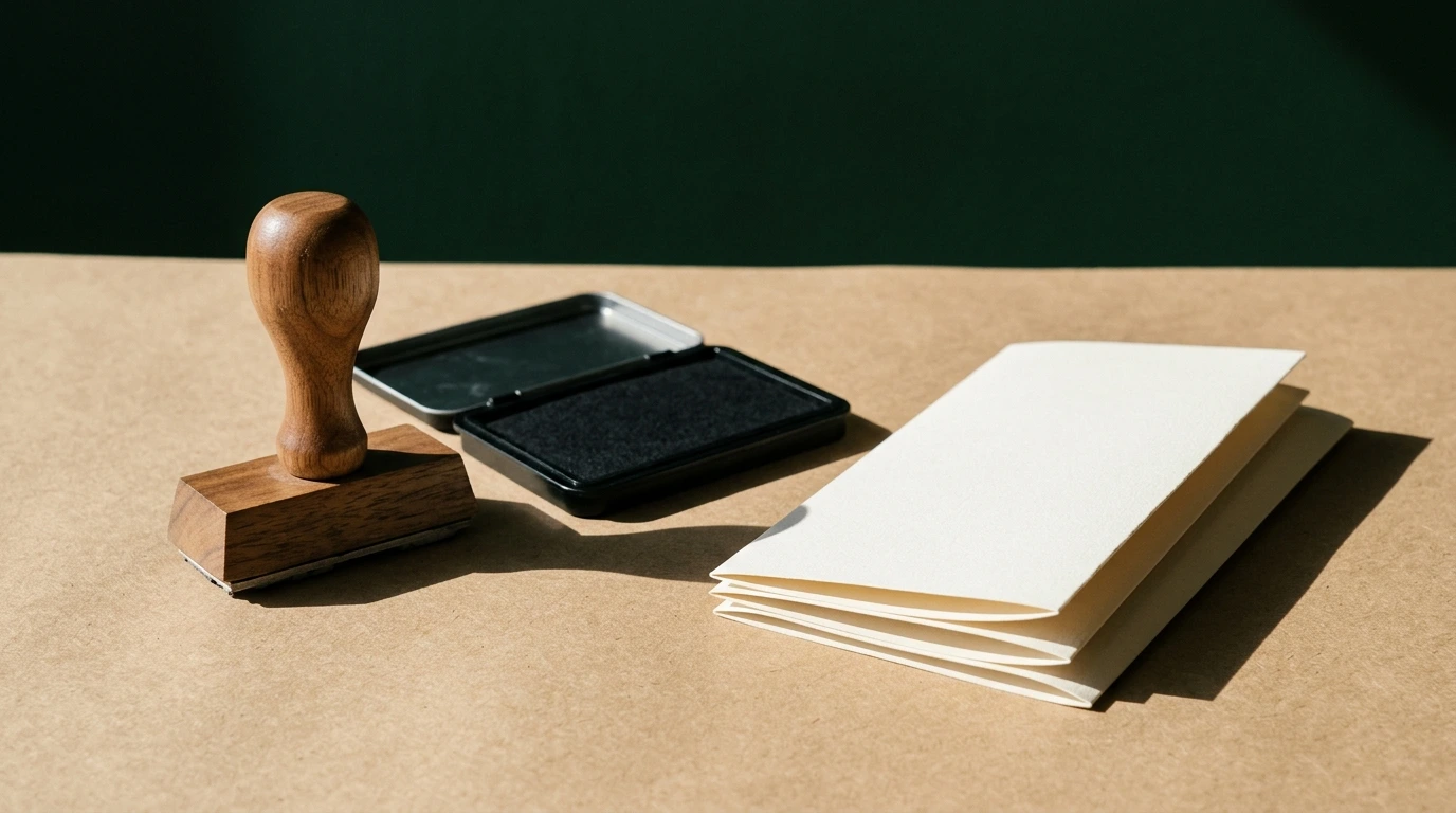 Tampon et documents de certification sur un plan de travail
