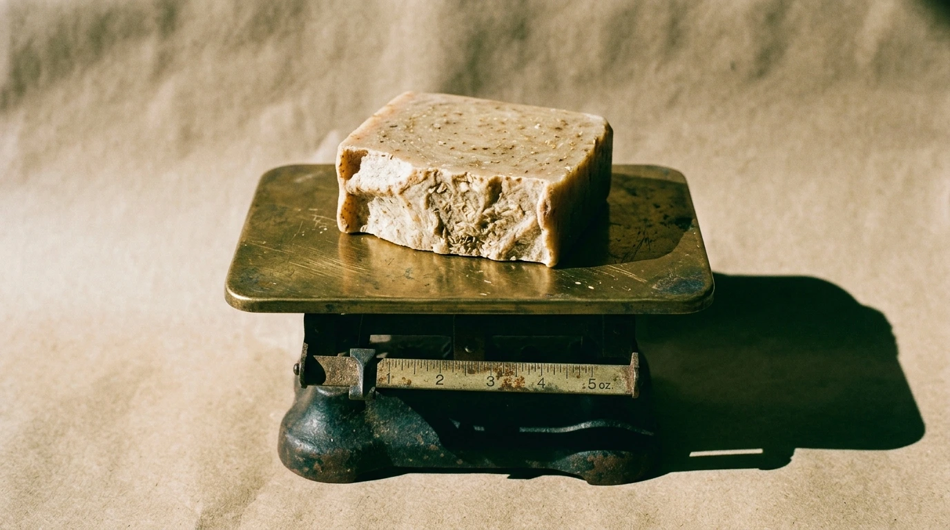 Pain de savon entamé posé sur une balance de comptoir