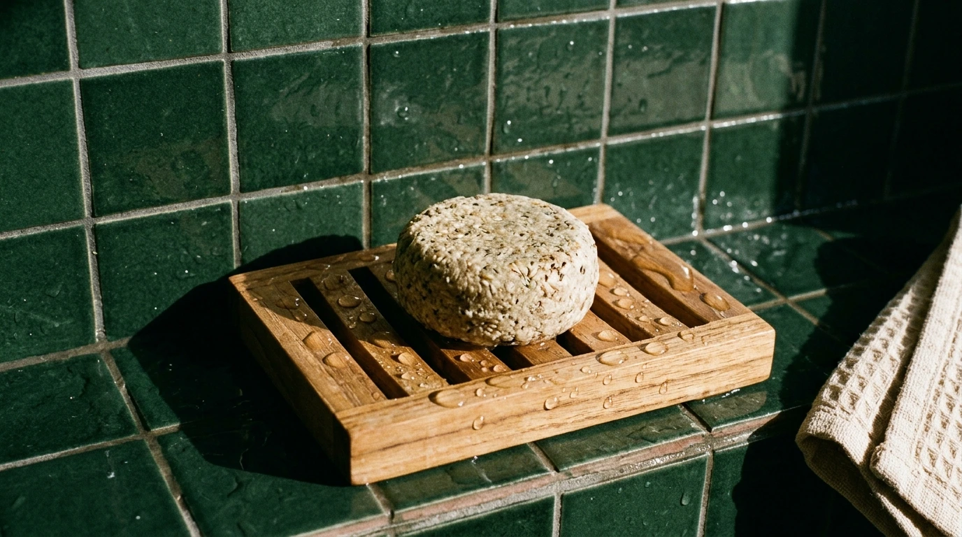 Pain de shampoing solide sur un porte-savon qui égoutte