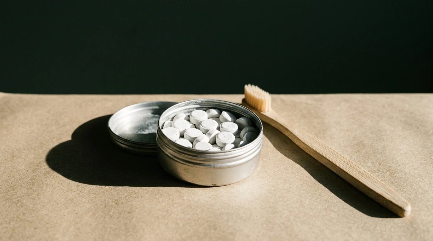 Boîte métallique de dentifrice solide ouverte sur un plan clair