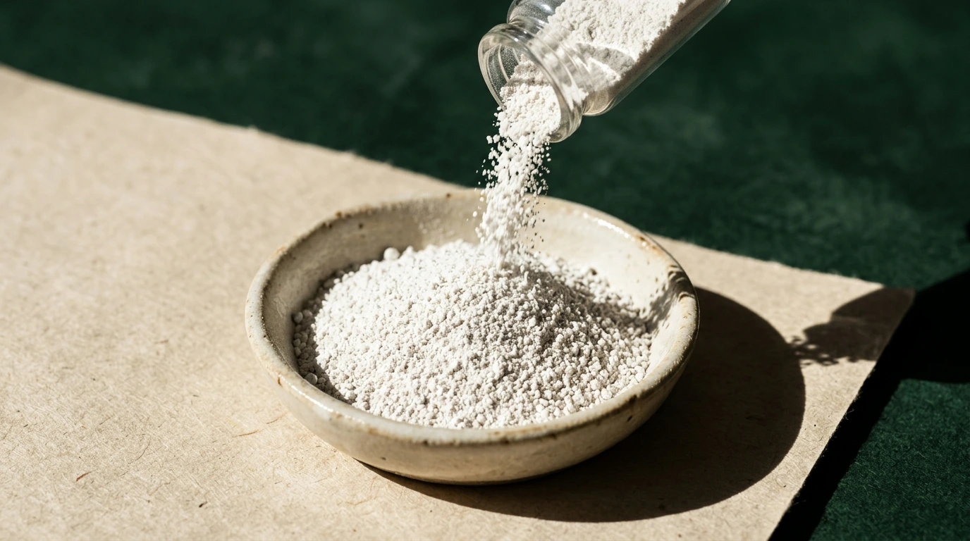 Poudre minérale blanche versée dans une coupelle