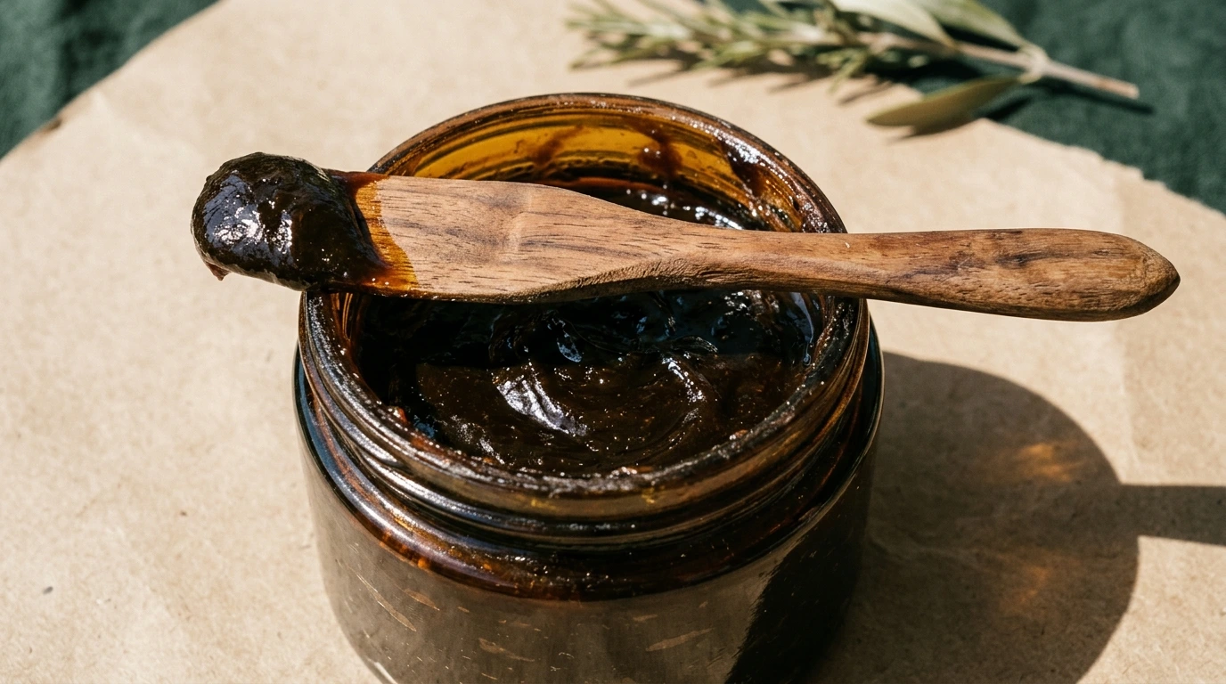 Pâte de savon noir dans un pot ouvert