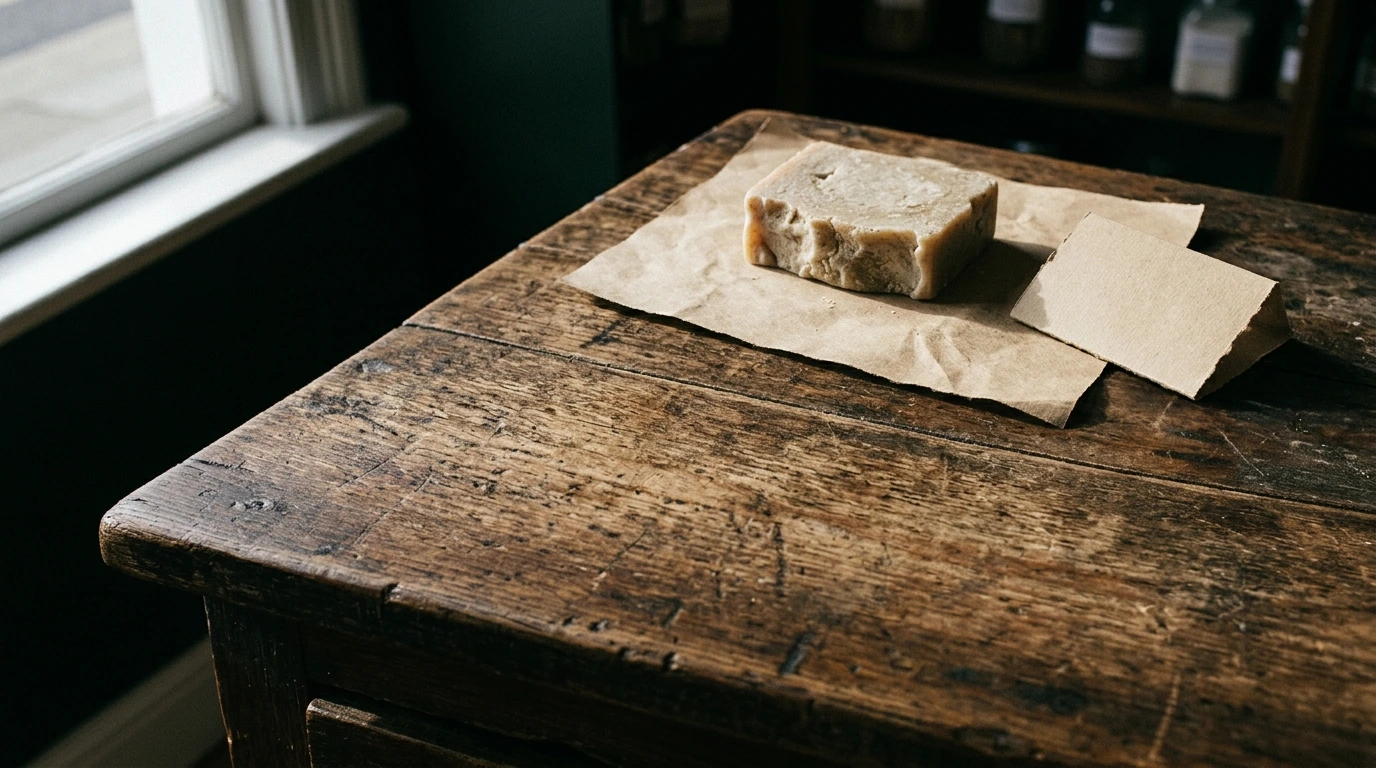 Pain de savon entamé et étiquette pliée sur un comptoir de bois