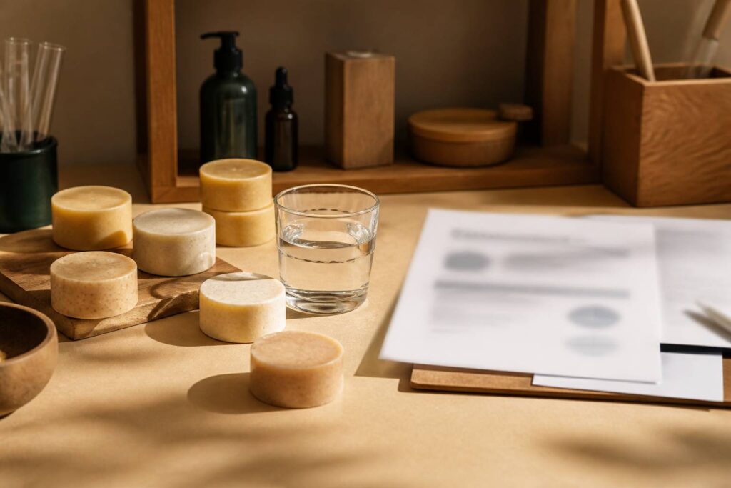 Pains d'après-shampoing solides posés sur un fond kraft avec un verre d'eau
