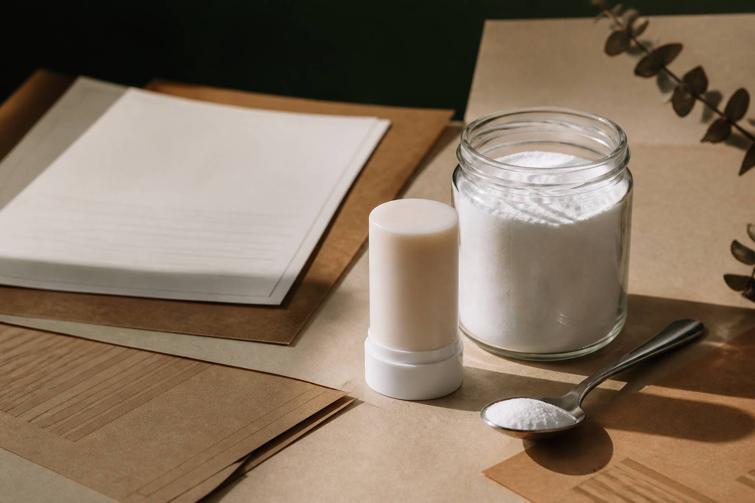 Gros plan de bicarbonate de soude dans un bocal en verre et d'un stick de déodorant solide blanc