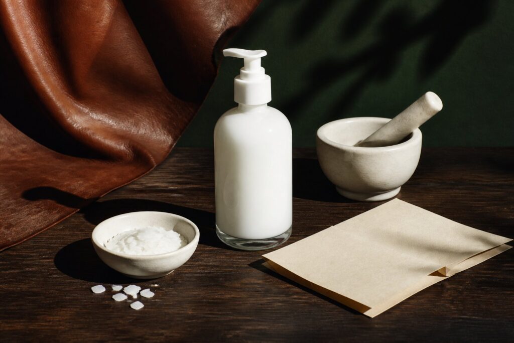 Flacon pompe générique, paillettes de cire blanche et fiche kraft sur une table d'arrière-boutique