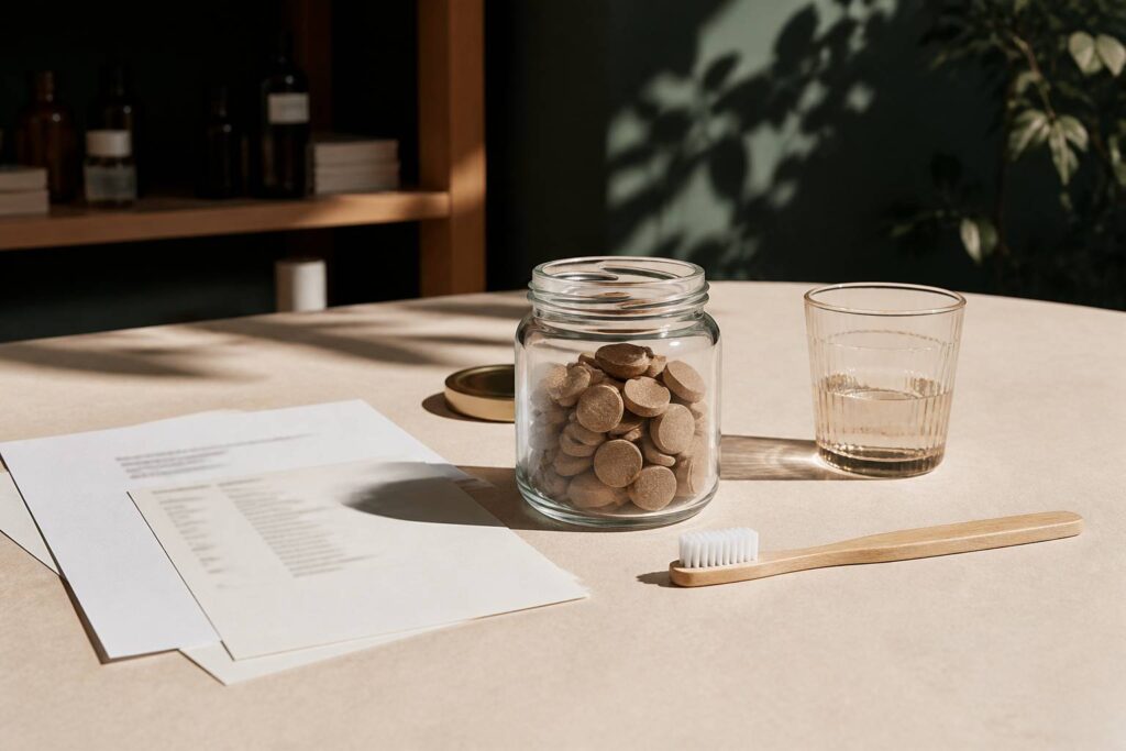 Pastilles de dentifrice solide dans un pot en verre sur une table kraft avec une brosse à dents en bois