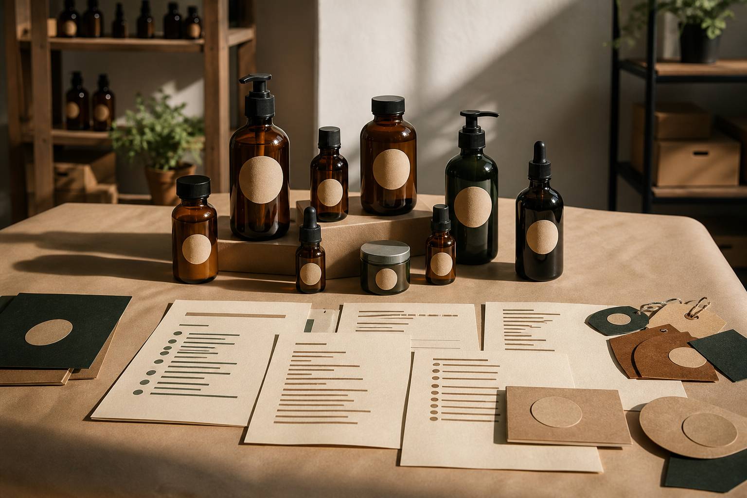 Gros plan d'étiquettes de certification génériques apposées sur des flacons cosmétiques neutres