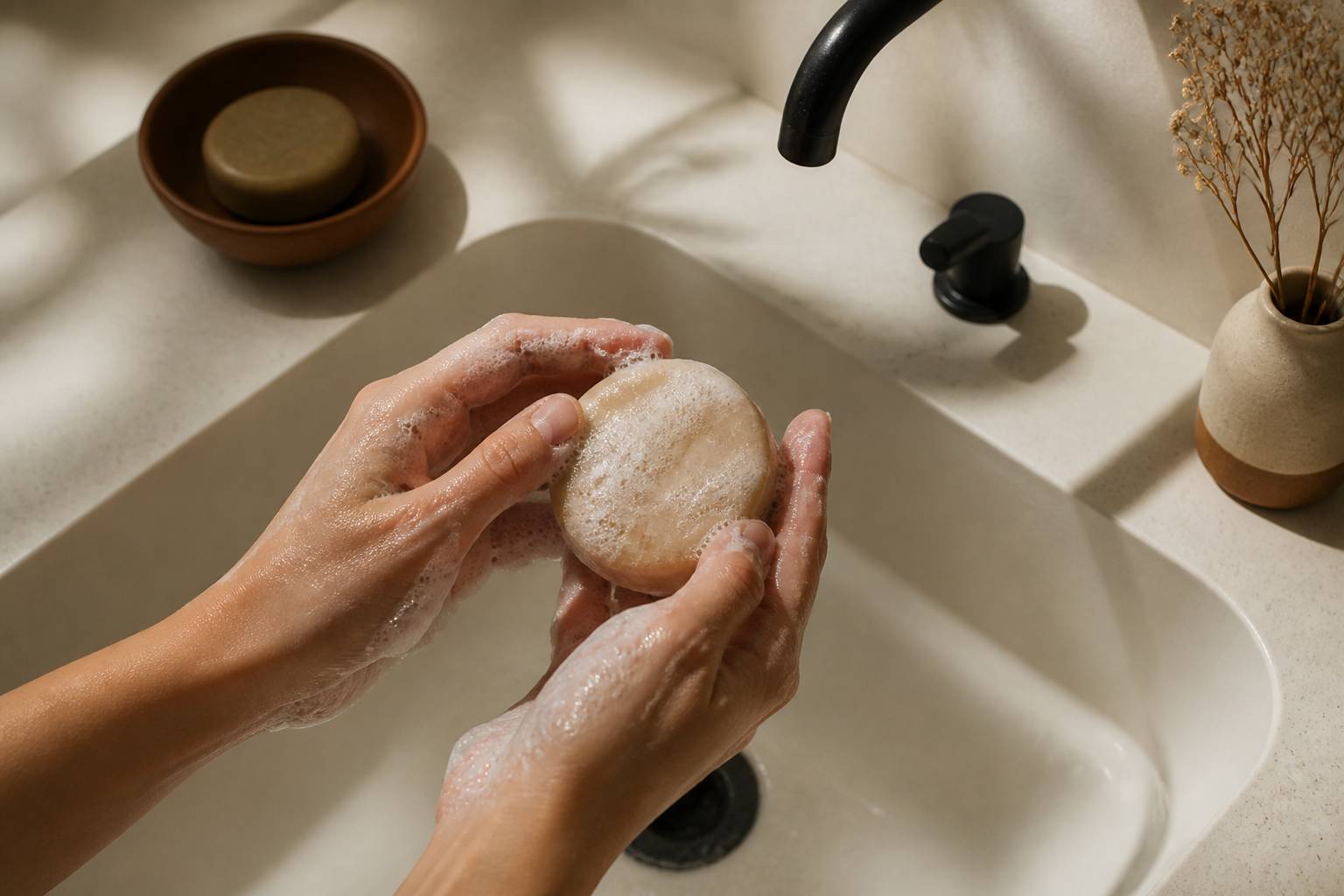 Gros plan d'un galet de shampoing solide produisant de la mousse dans des mains