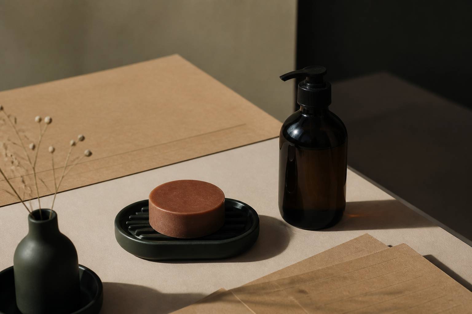 Galet de shampoing solide posé sur un porte-savon en bois avec un flacon distributeur à côté
