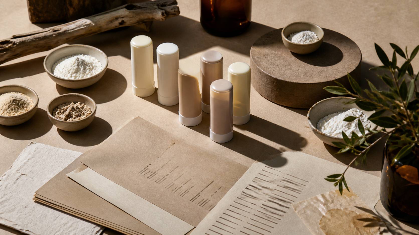 Coupelles de poudres blanches — amidon, magnésium — et sticks de déodorant naturel sur une table kraft