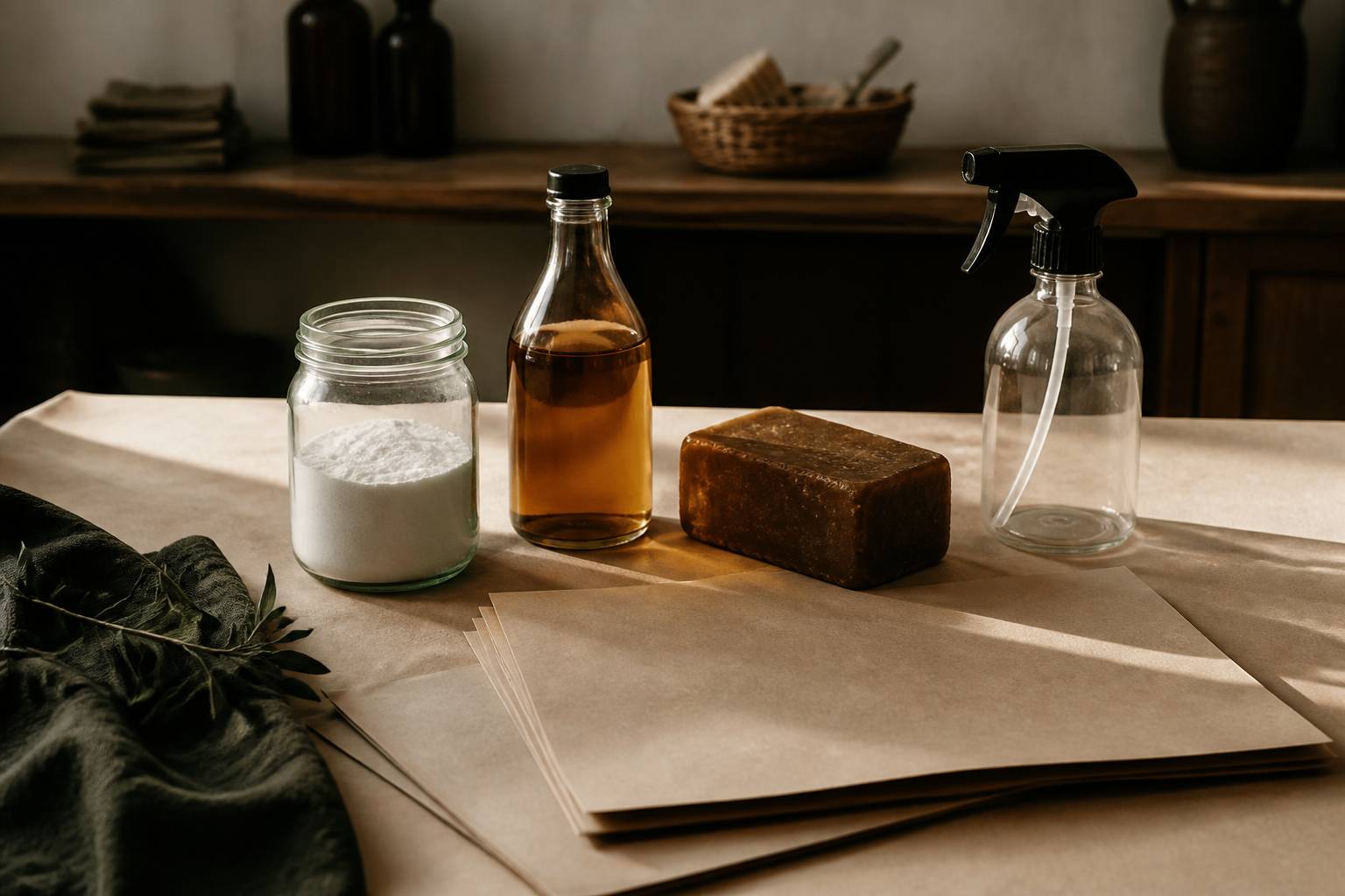 Ingrédients naturels de nettoyage — vinaigre, bicarbonate et savon noir — sur une table kraft
