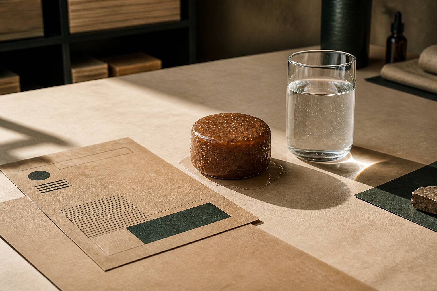 Gros plan d'un pain d'après-shampoing solide avec des gouttes d'eau et un verre transparent