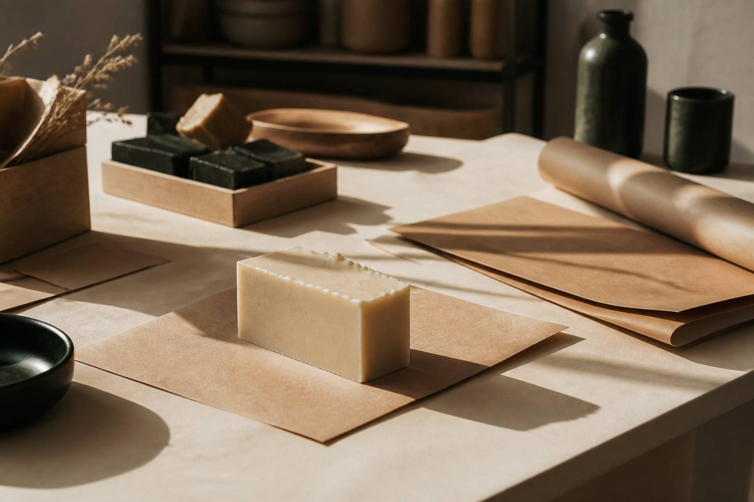 Gros plan de la texture lisse d'un pain de savon artisanal pâle au lait