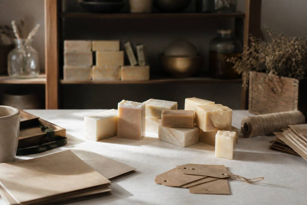 Pains de savon artisanaux pâles au lait posés sur un fond kraft avec des étiquettes vierges
