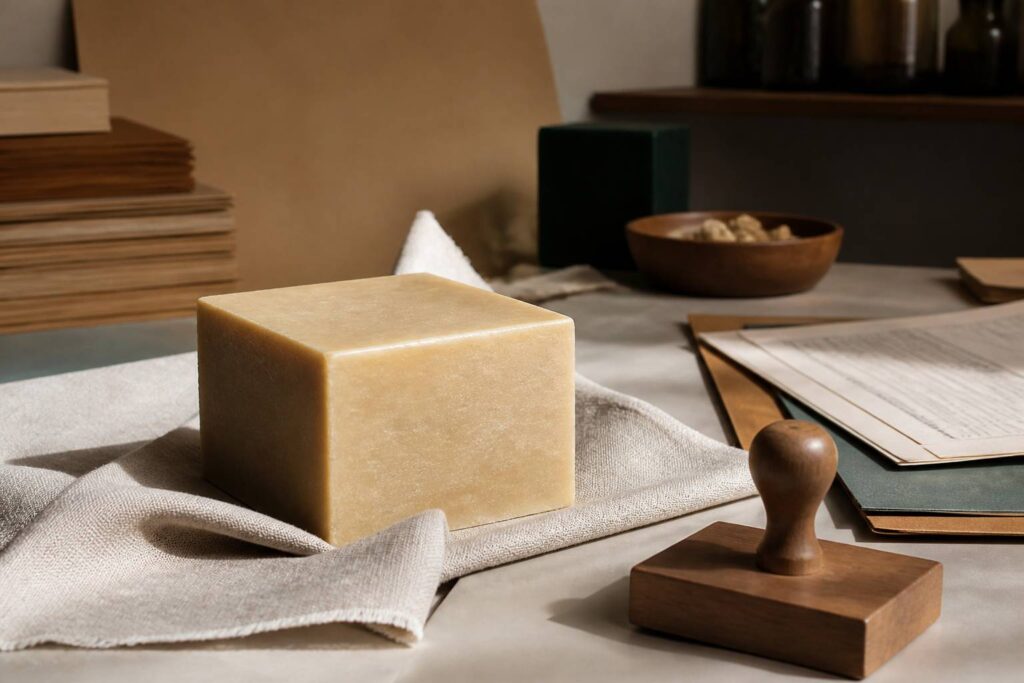 Pain carré de savon de Marseille beige posé sur un fond kraft avec un tampon en bois
