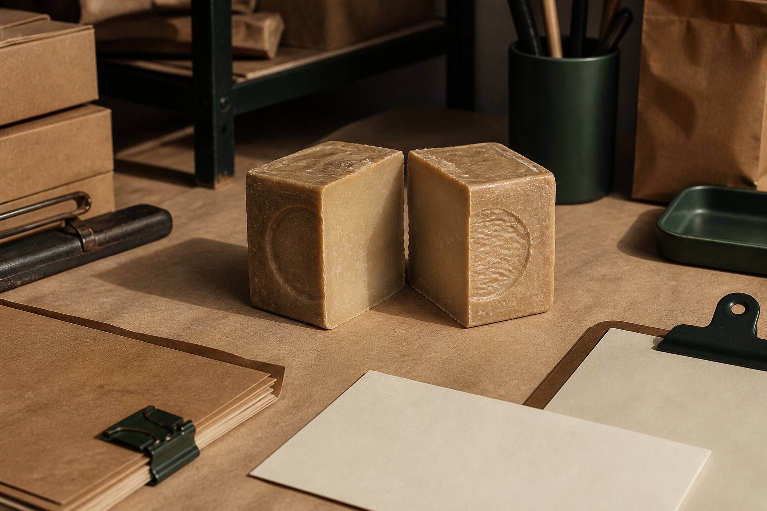 Cube de savon de Marseille coupé montrant l'intérieur uniforme beige clair