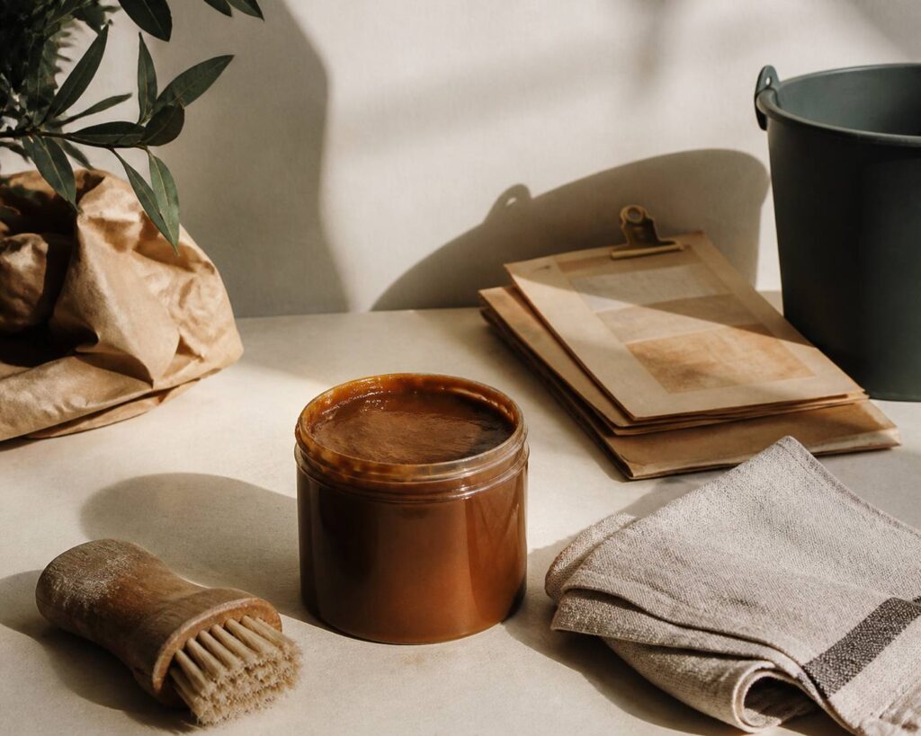 Pot ouvert de savon noir ménager avec brosse en bois et chiffon en lin sur un seau