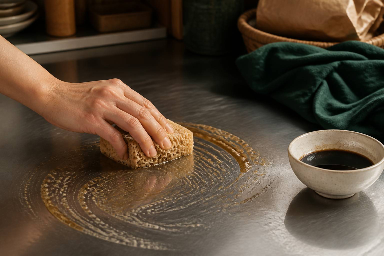 Application de savon noir ménager sur une surface en inox avec une éponge naturelle