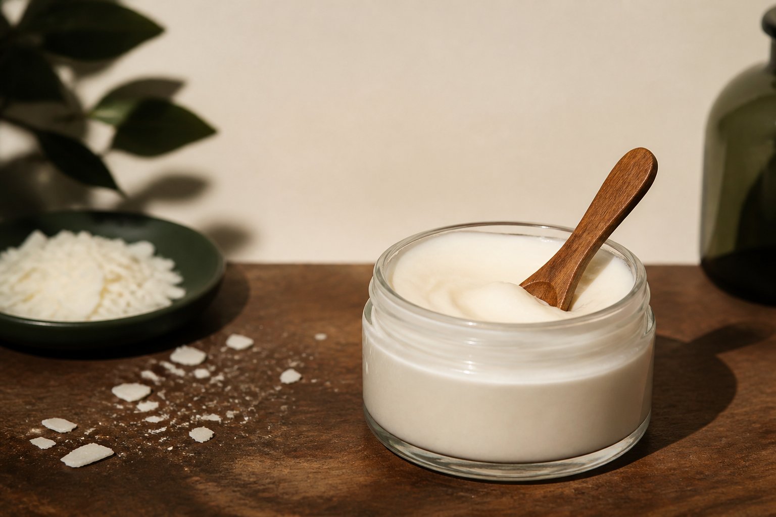 Pot en verre ouvert de crème blanche lisse avec cuillère en bois et paillettes de cire