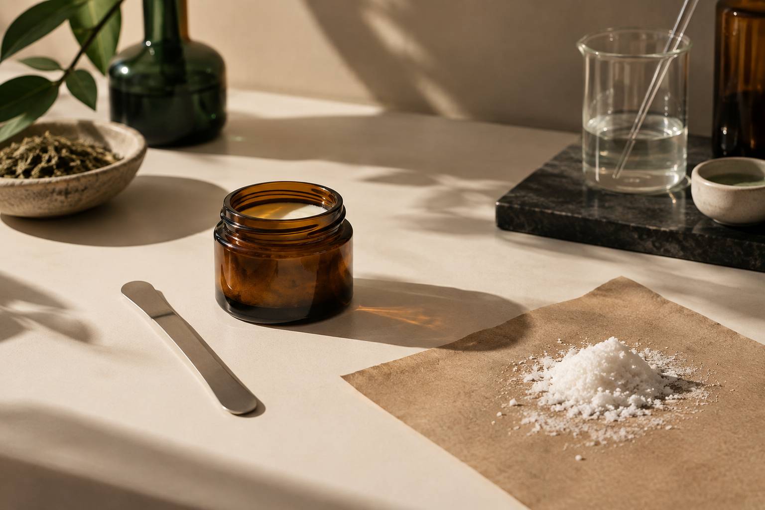 Plan de travail de cosmetique avec pot de verre et poudre cristalline
