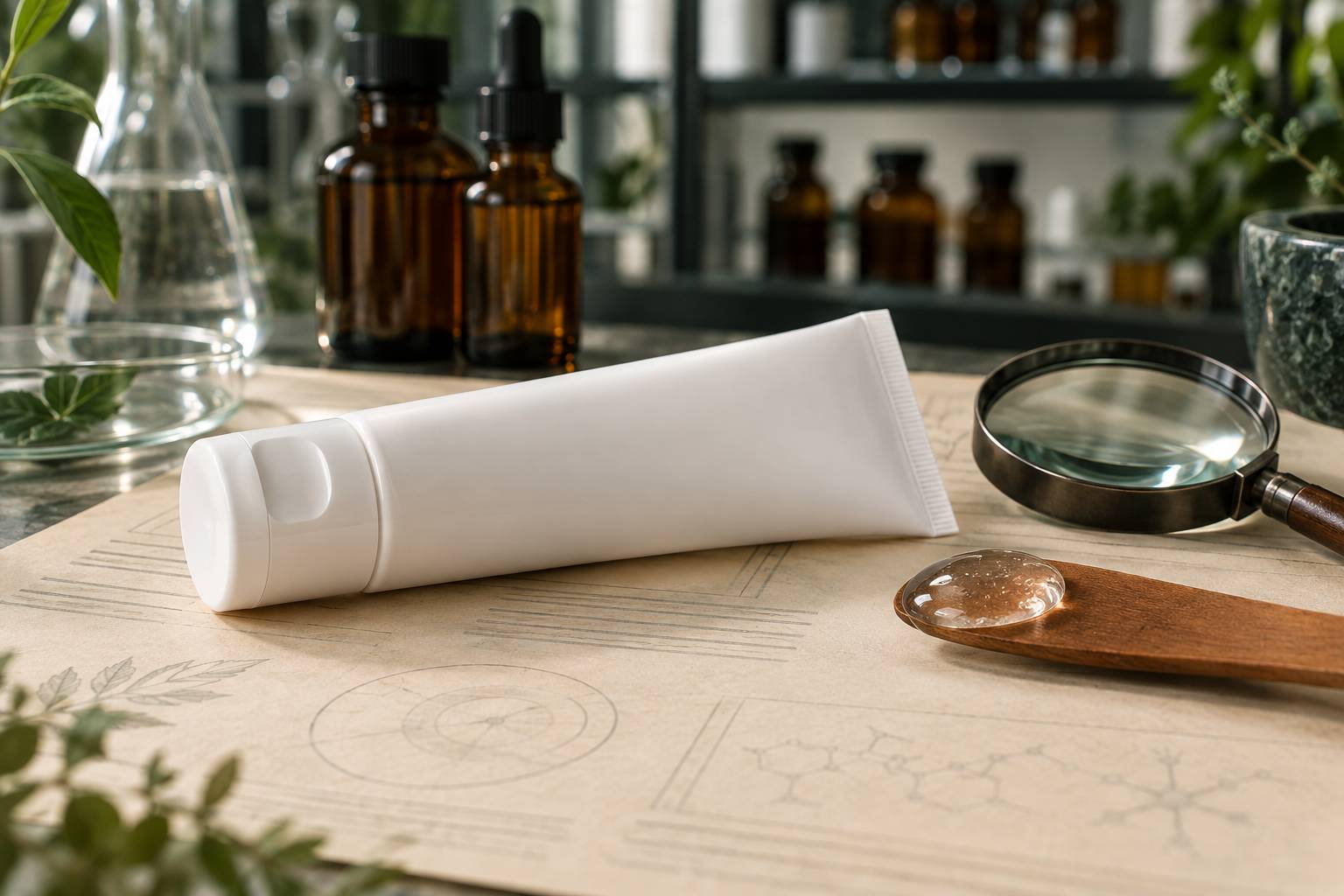 Tube cosmétique générique avec gel sur spatule en bois et fiche papier kraft, scène d'analyse d'ingrédient