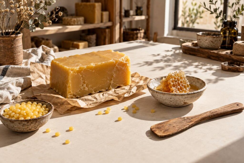 Bloc de cire d'abeille jaune sur papier kraft avec un rayon de miel