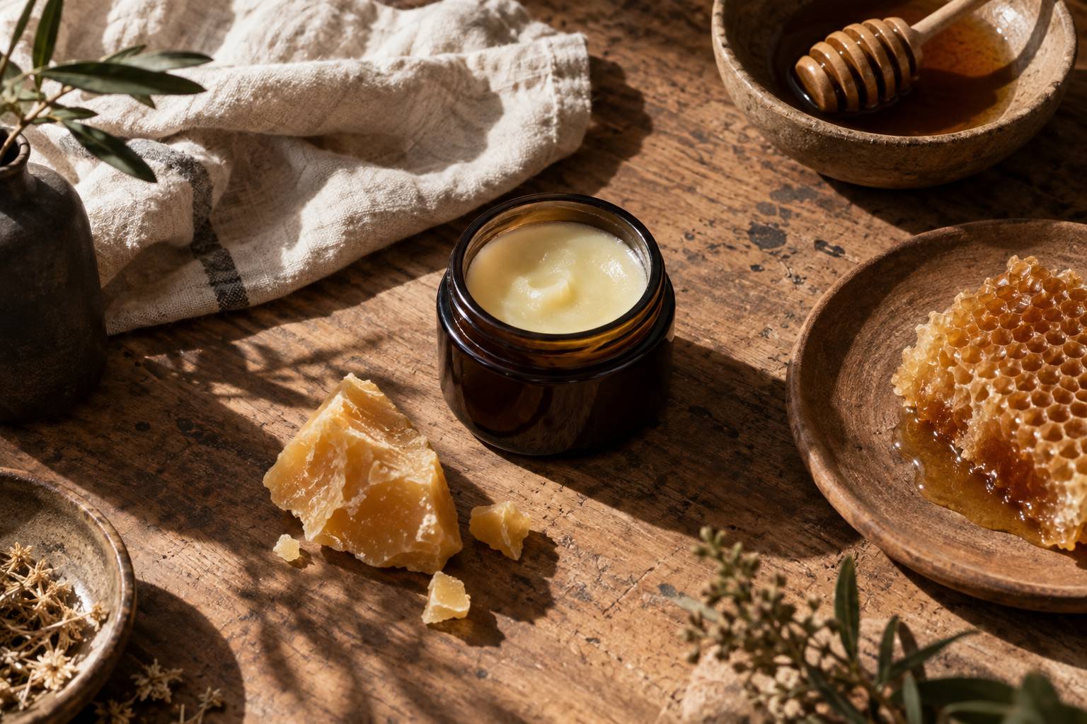 Pot de baume ouvert a cote de cire d'abeille et d'un rayon de miel