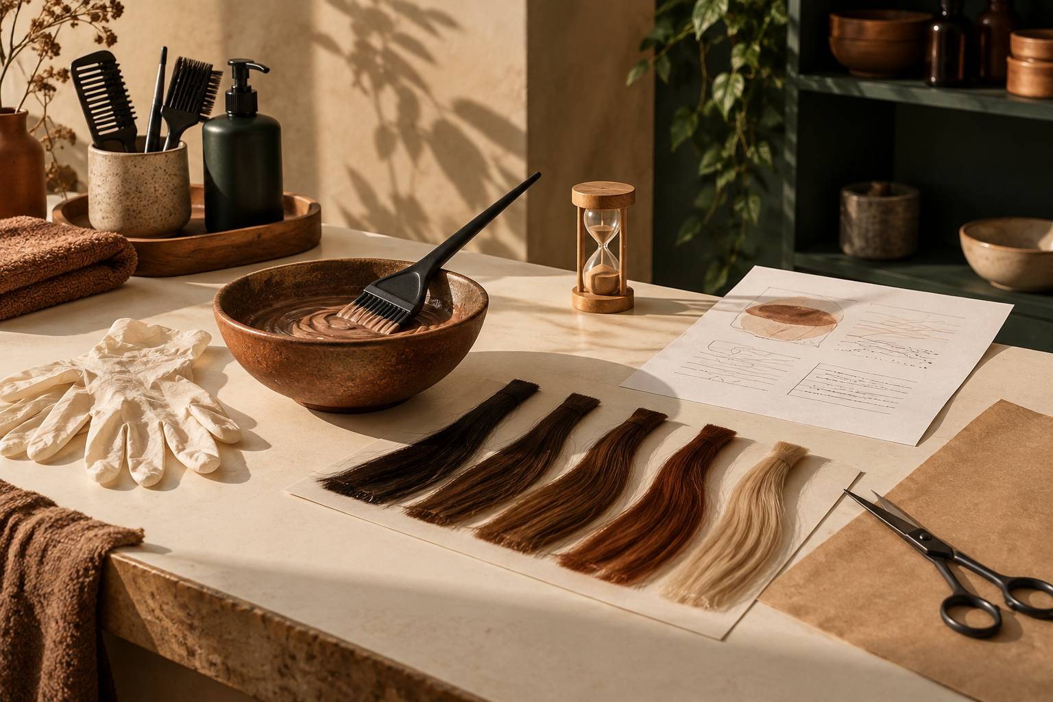 Flacons unis, bol de préparation et écheveaux de cheveux sur un plan de travail de salon