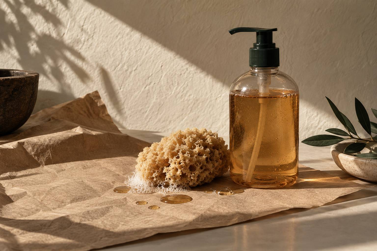 Détail d'un flacon de savon à pompe transparent sans étiquette lisible