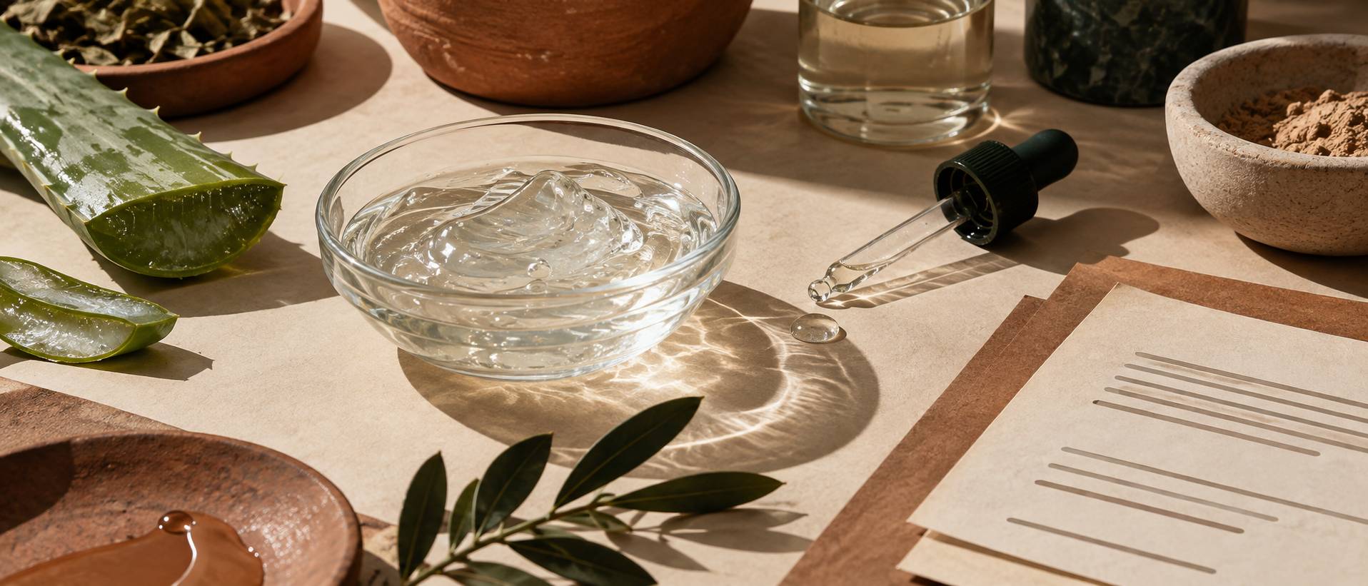 Détail de la texture translucide du gel d'aloe vera dans une coupelle