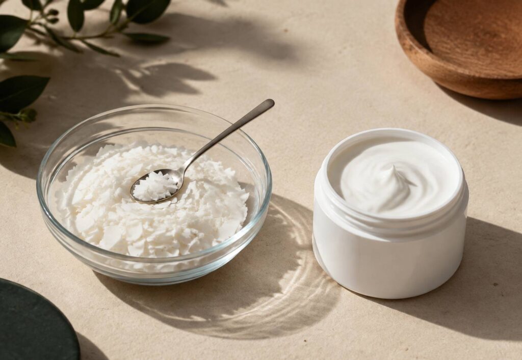 Flocons de cire blanche dans une coupelle avec un pot de crème