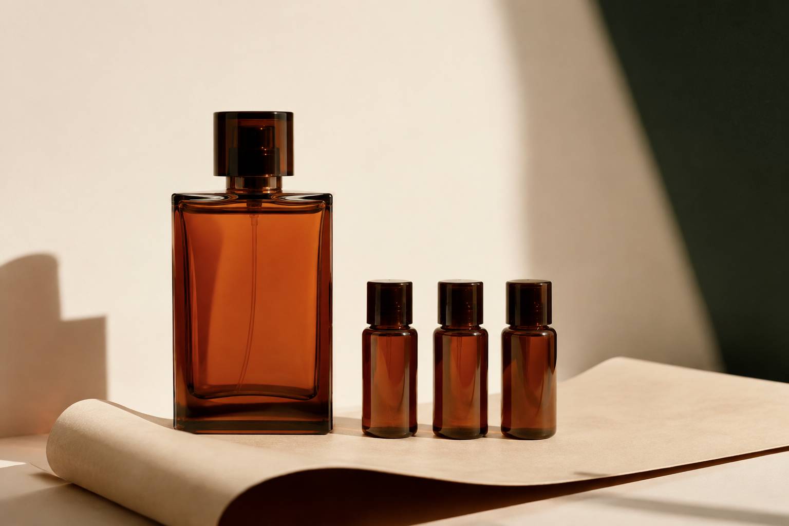 Flacon de parfum grand format sans étiquette entouré de trois miniatures voyage en verre ambré