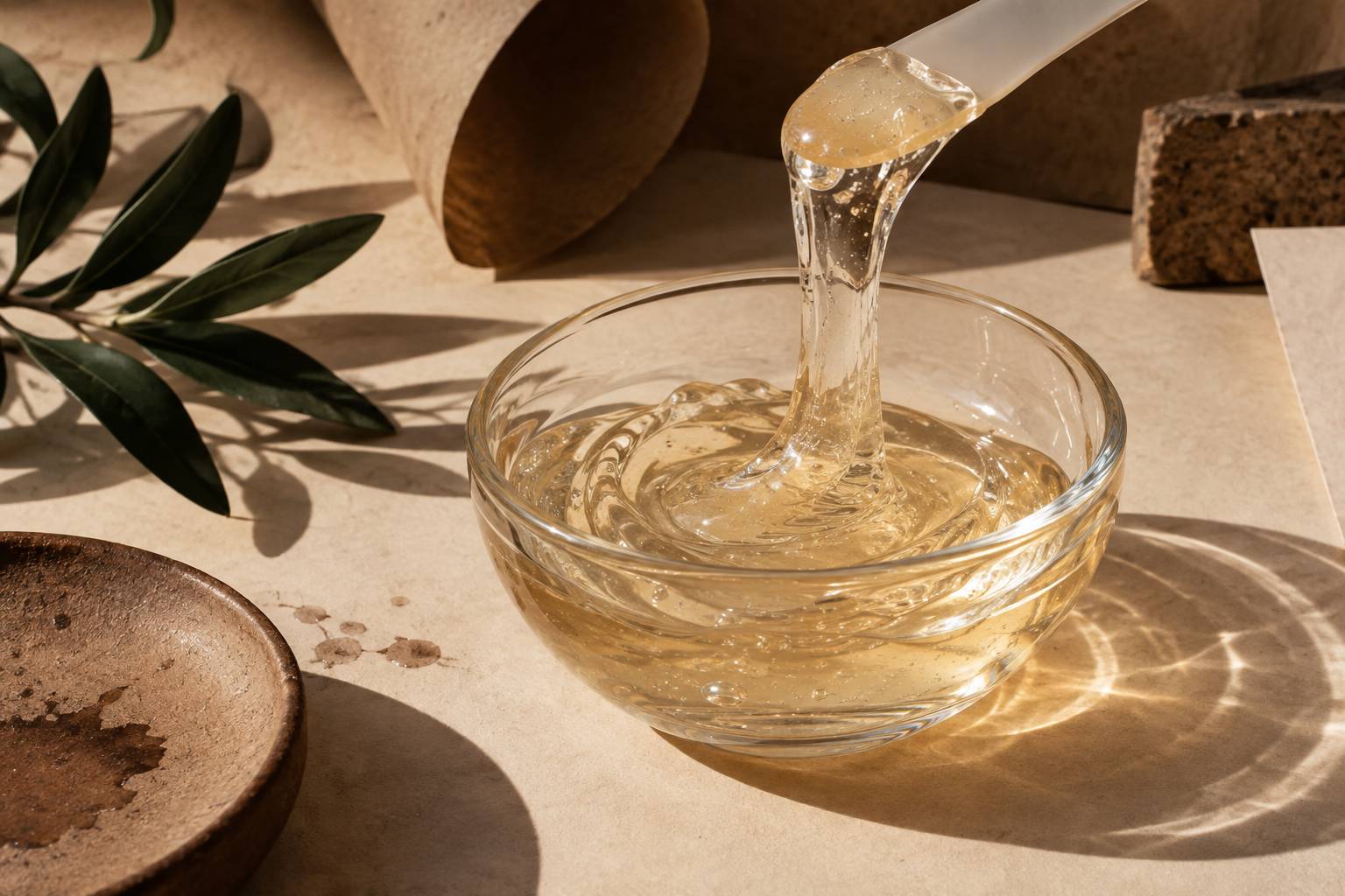 Gros plan sur un gel cosmétique translucide soulevé par une spatule
