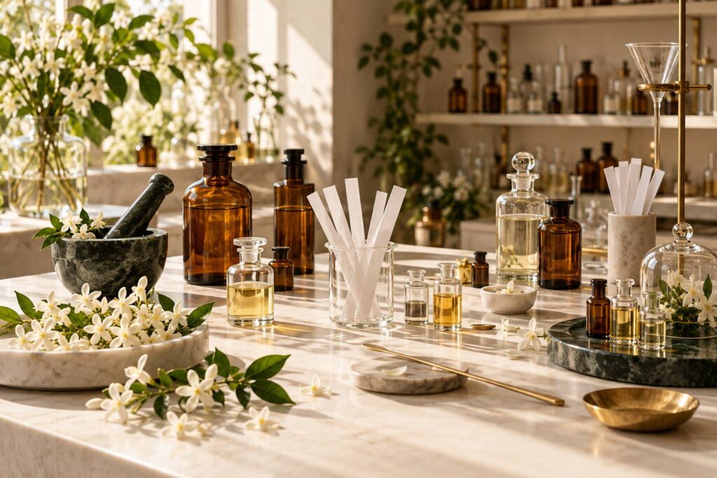 Flacons de parfumerie et fleurs de jasmin sur un plan de travail clair