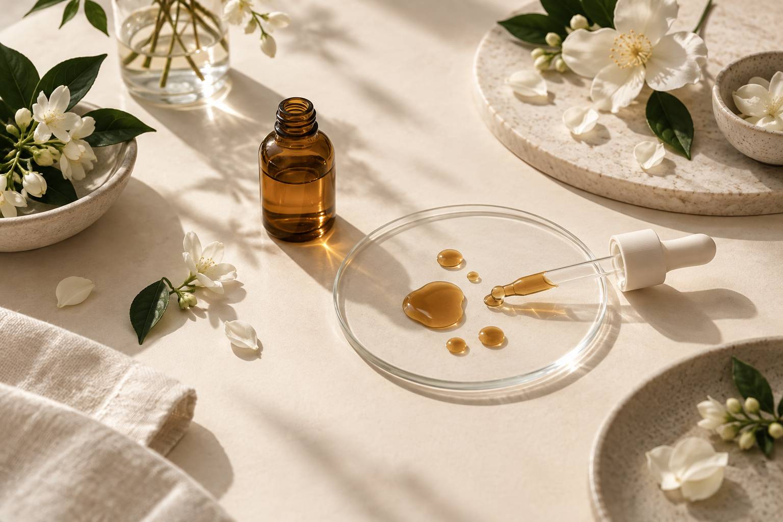 Pipette et gouttes d'huile parfumee avec petales de fleurs sur verre
