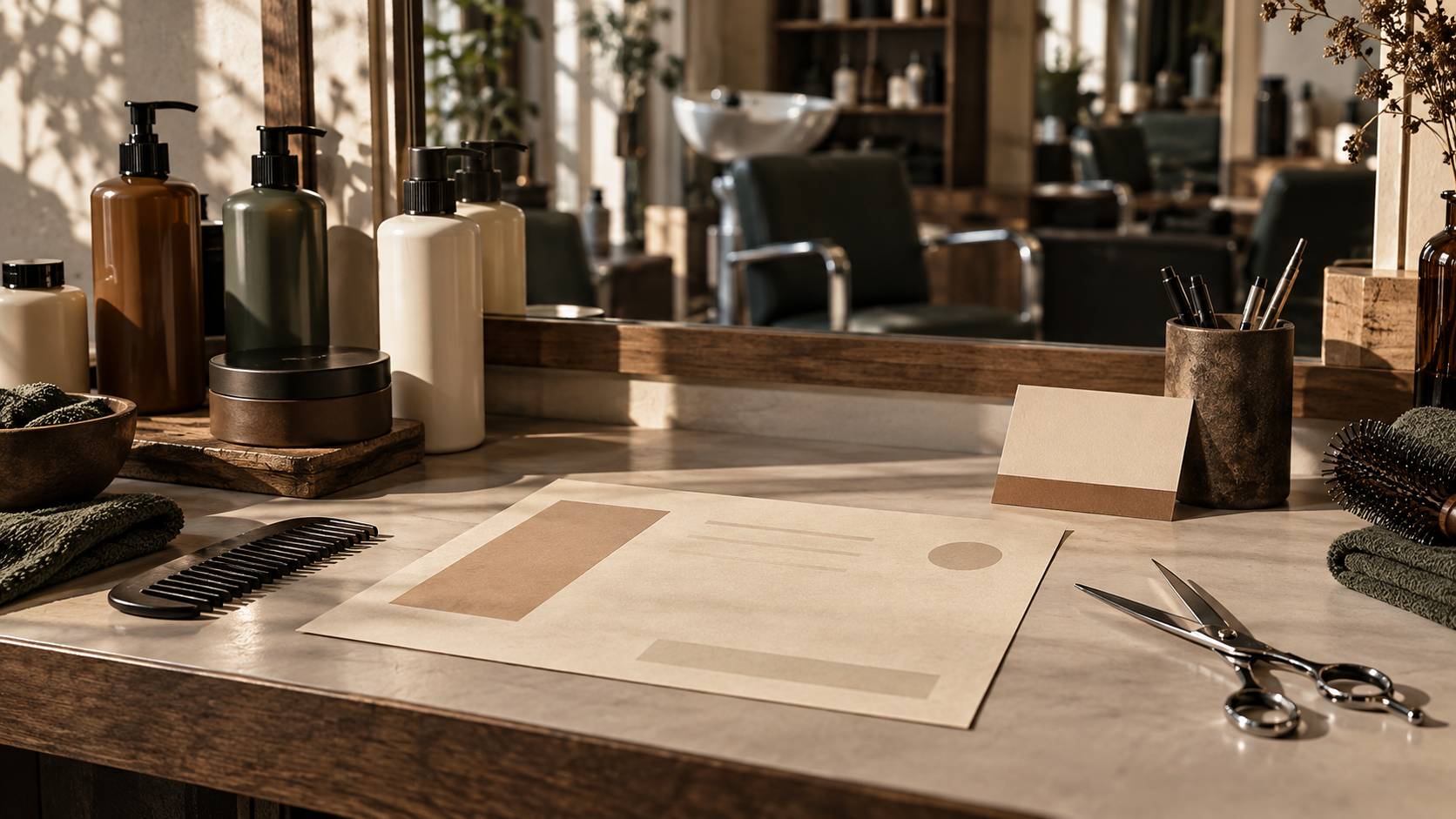 Flacons de produits capillaires professionnels sans etiquette sur un presentoir