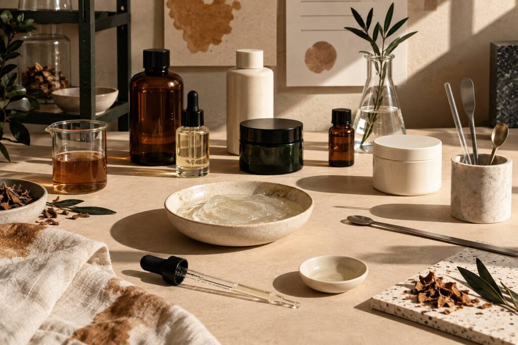 Pots et gel translucide dans un laboratoire cosmétique sur fond kraft écru