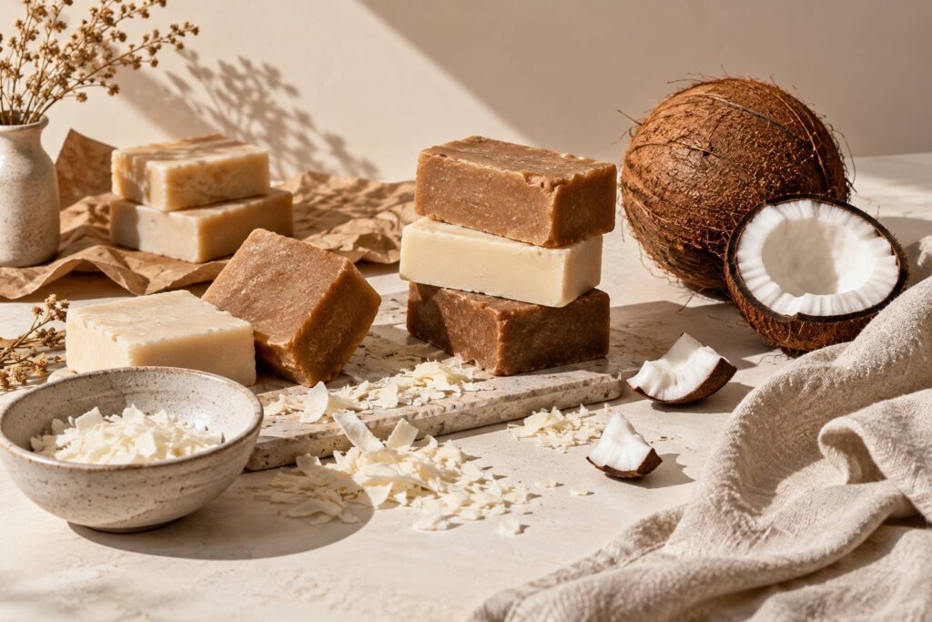 Pains de savon solides non etiquetes empiles avec une noix de coco sur un plan clair