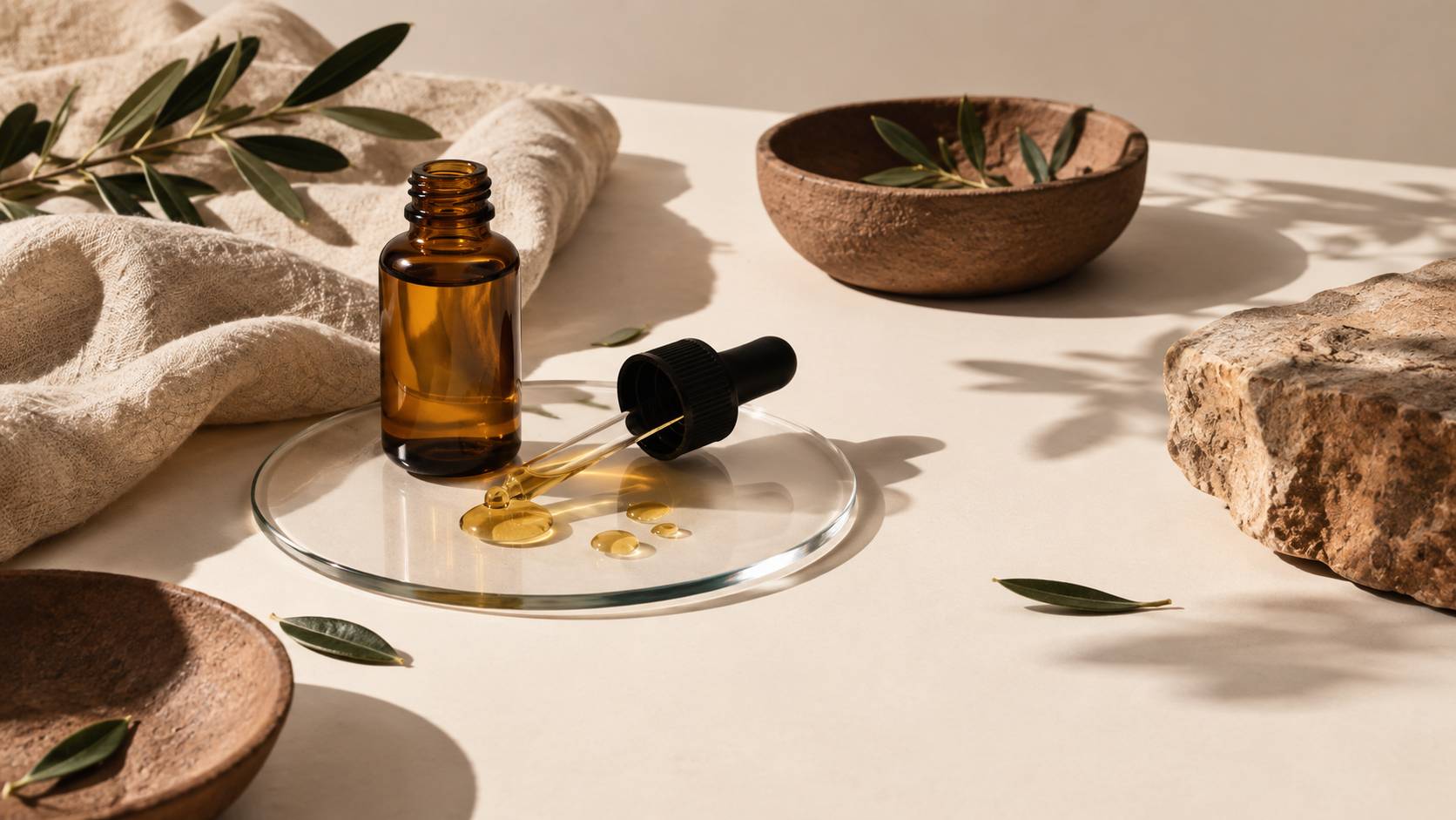 Sérum huileux doré en flacon compte-gouttes sur un textile kraft écru