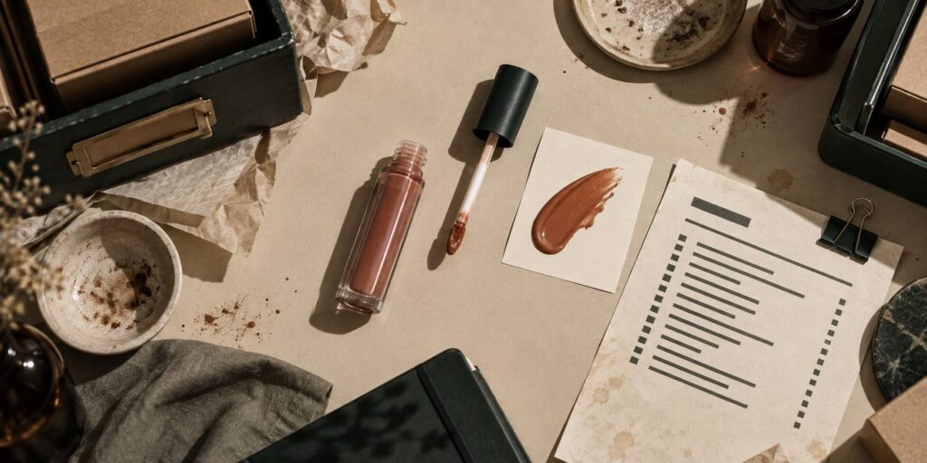 Tube de gloss générique et applicateur sur fond de papier kraft