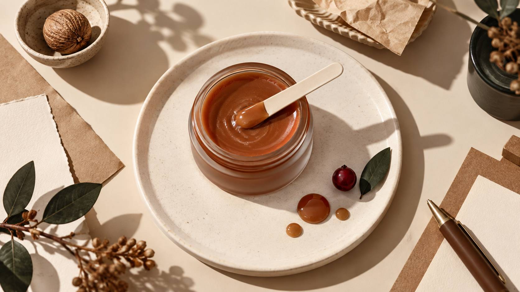 Pot de baume a levres ouvert, texture cireuse et spatule sur un plateau