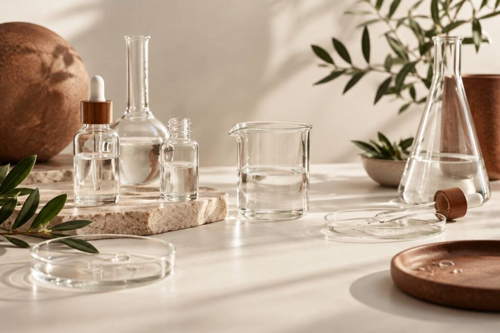 Laboratoire de cosmetique avec flacons en verre et becher d'eau