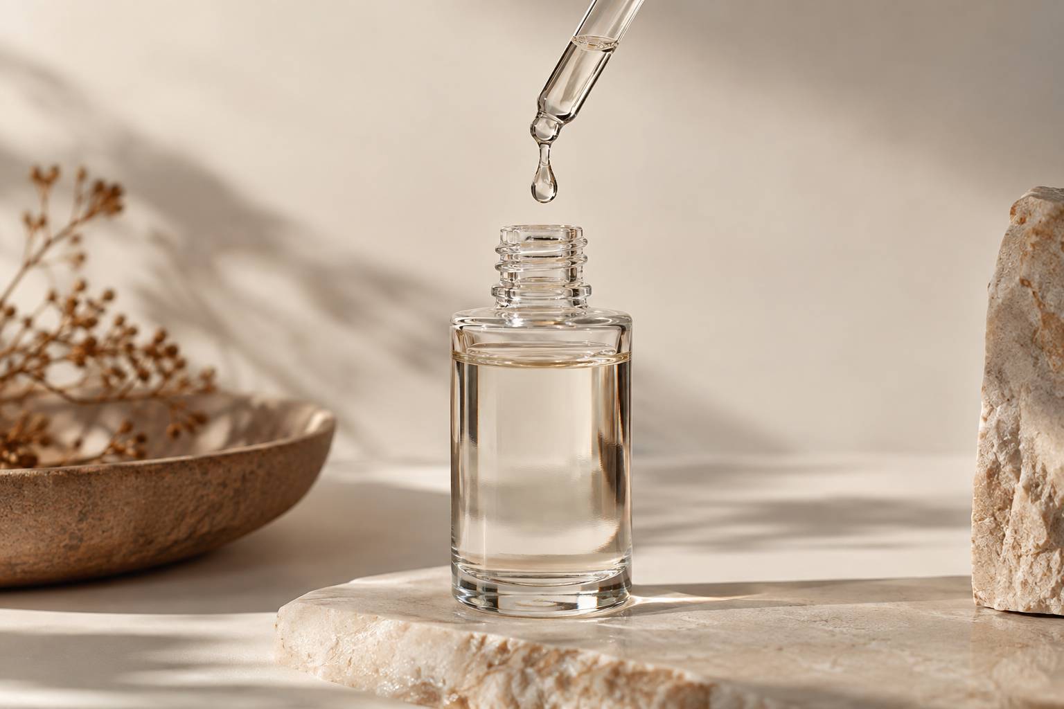 Compte-gouttes au-dessus d'un flacon de serum transparent