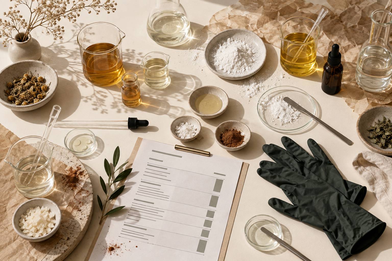Bechers, pipettes et poudre blanche sur une paillasse de formulation cosmetique