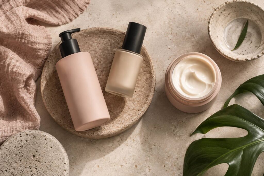 Flacons cosmétiques génériques et pot de crème ouverts sur une table de salle de bain