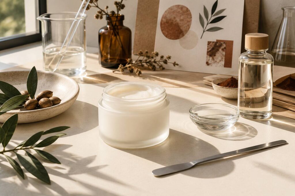 Pot de baume blanc ouvert sur une paillasse de laboratoire