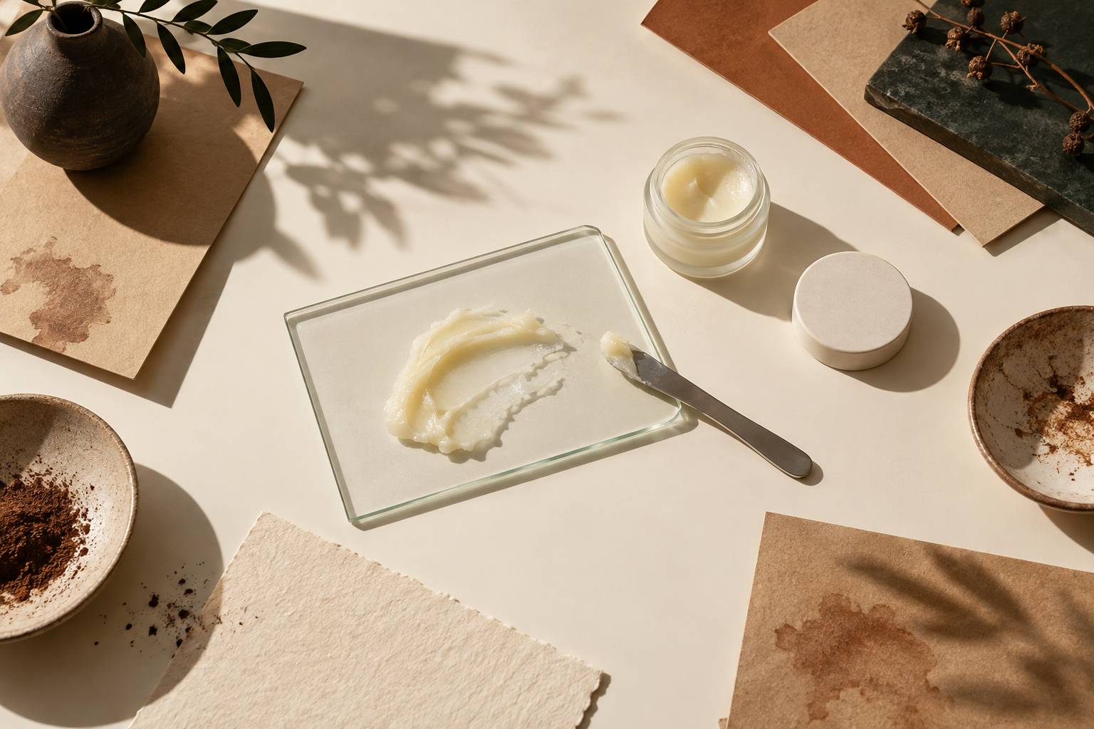 Baume blanc et spatule sur une plaque de verre