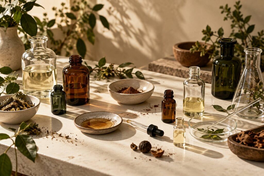Flacons en verre et pipettes sur une table de laboratoire cosmétique